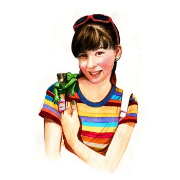 watercolor portrait art of a girl with a pet lizard