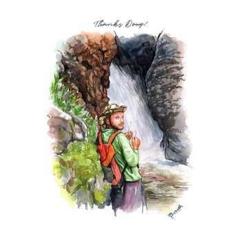 watercolor painting of a man by a waterfall with text