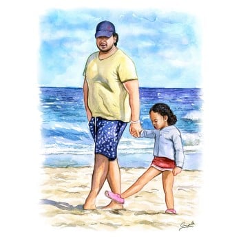 watercolor art of a man walking with a child on a beach