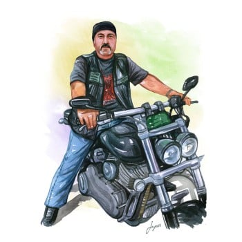 watercolor sketch of a man on a motorcycle