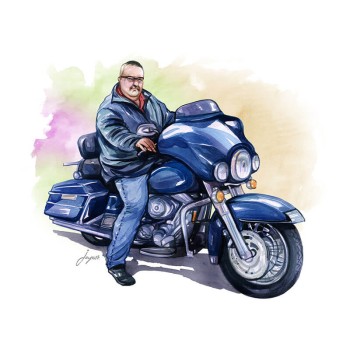 watercolor portrait art of a man on a motorcycle