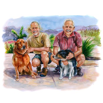 watercolor portrait of 2 men and their dogs