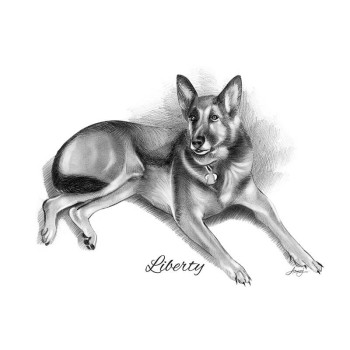 pencil sketch drawing of a dog with text of Liberty