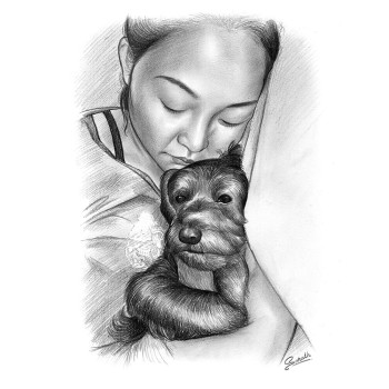pencil sketch art of a woman snuggling with a dog