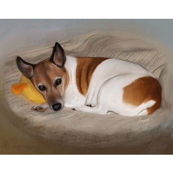 oil painting of a dog in a dogbed