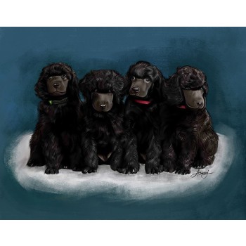 oil portrait of 4 dogs sitting side by side