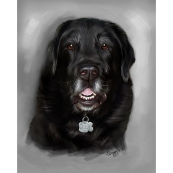 oil portrait of a dog's face with name of Buck on dogtag