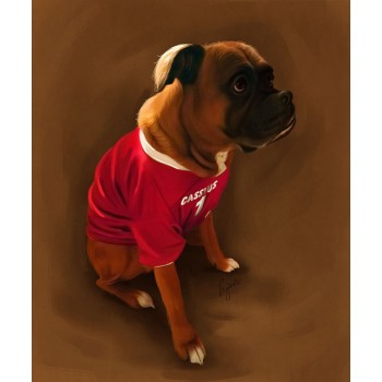 oil painting artwork of a sitting dog wearing a shirt