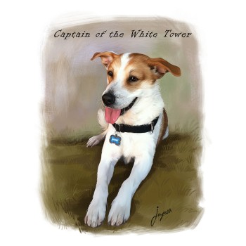 oil portrait of a dog with text Captain of the White Tower