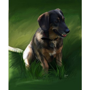 oil portrait art of a dog in grass