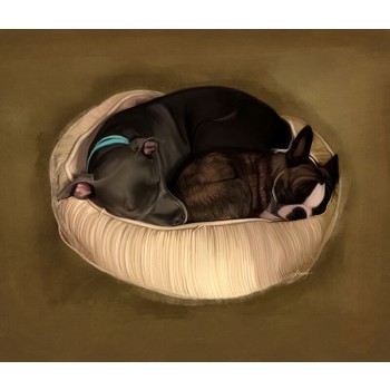 oil portrait of 2 dogs sleeping in a dogbed