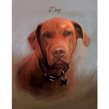 oil portrait of a dog's face with text Dog