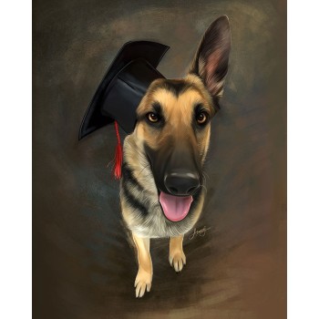 oil portrait of dog wearing a graduation hat