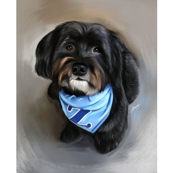 oil artwork of a dog wearing a neckscarf
