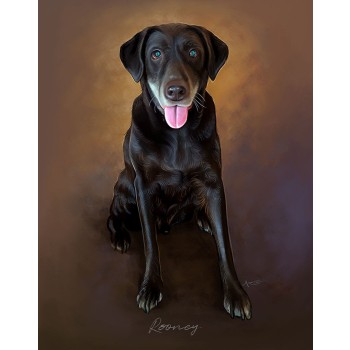 oil portrait art of a sitting dog with tongue hanging out