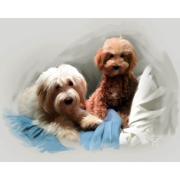 oil painting of 2 dogs sitting on a blanket