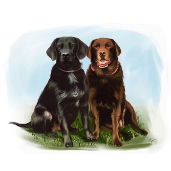 oil portrait of 2 dogs sitting next to each other outside