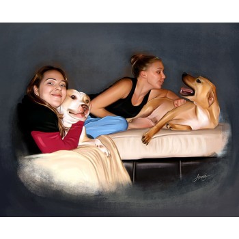 oil portrait painting of 2 women with 2 dogs