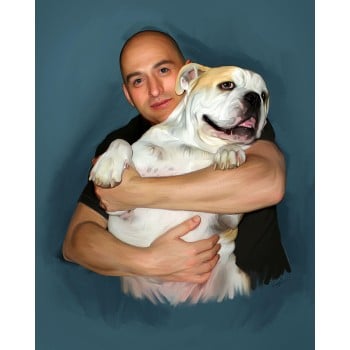 oil painting of a man holding a large dog