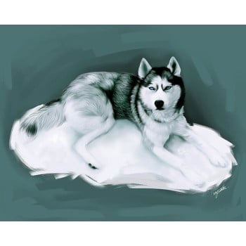 oil portrait of a dog in monochome blue gray