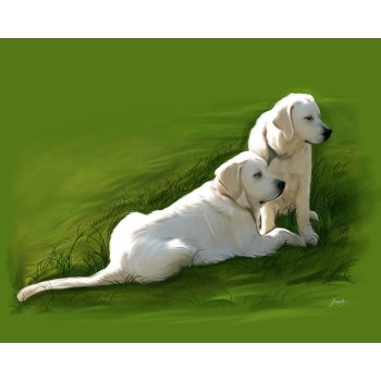 oil painting of 2 dogs sitting outside