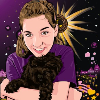 pop art portrait of a girl hugging a dog