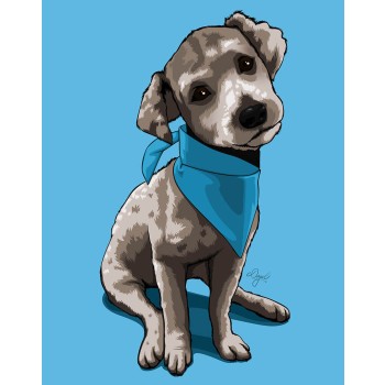 pop art of a sitting dog wearing a neck bandanna