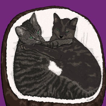 pop art portrait of 2 cats in a pet bed