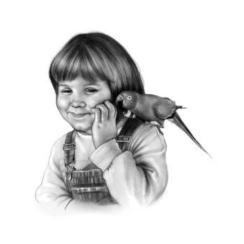 pencil sketch portrait of a child with pet bird