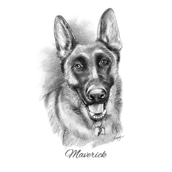 pencil sketch art of a dog's face with text Maverick