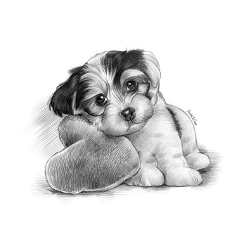 pencil sketch artwork of a dog with a heart pillow