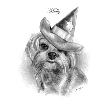 pencil sketch of a dog wearing a hat with text Molly