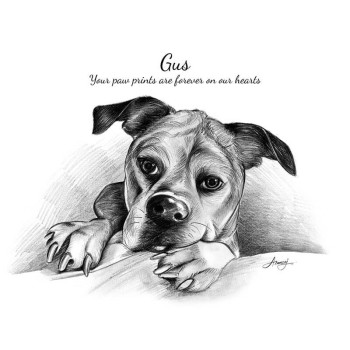 pencil sketch art of a dog with text Gus Your Paw Prints are Forever on Our Hearts