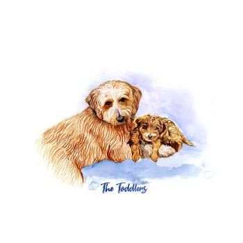 watercolor painting of 2 dogs with text The Toddlers