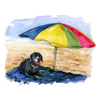 watercolor painting of a dog under an umbrella on the beach