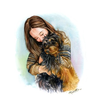 watercolor portrait painting of a woman hugging her dog