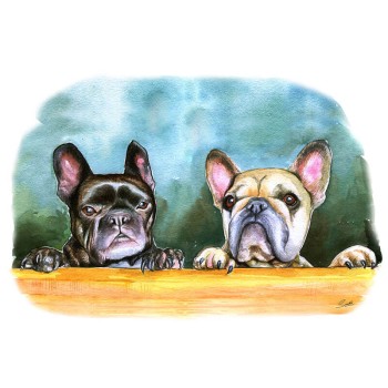 watercolor portrait of 2 dogs' faces over the edge of a table