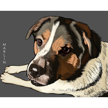 pop art portrait of a dog with vertical text Marlin