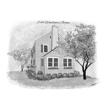 pen and ink in black and white of a house with address text