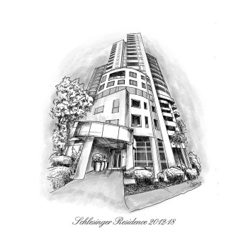 pen and ink black and white art of apartment building with name text