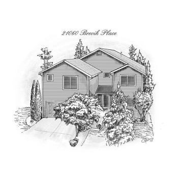 pen and ink portrait in black and white of a house with address text