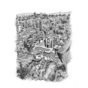 pen and ink in black and white of a house and estate from aerial view