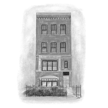 pen and ink black and white sketch gift of a brick townhouse