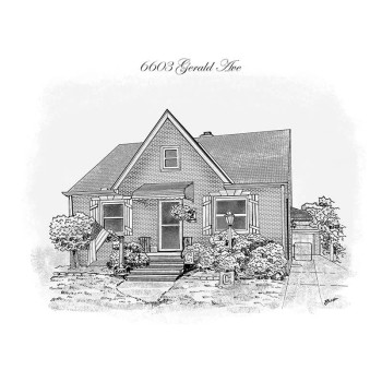 pen and ink black and white drawing of a house with address text