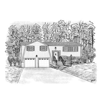 pen and ink black and white gift portrait of a house