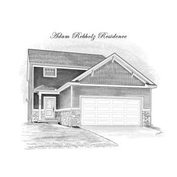 pen and ink black and white portrait of a house with name text