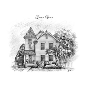 pen and ink black and white art of a house with address text