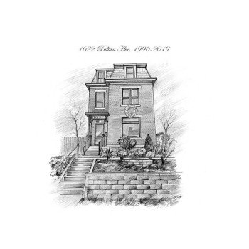 pen and ink black and white art of a house with address text