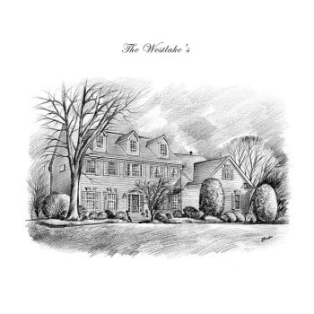 pen and ink black and white art of a house with name text