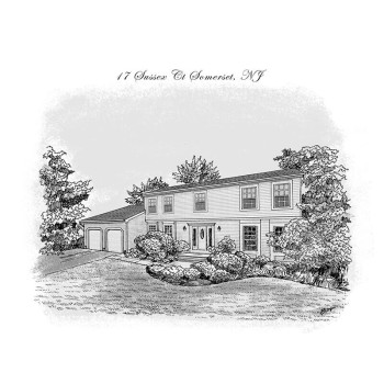 pen and ink black and white drawing of a house with address text